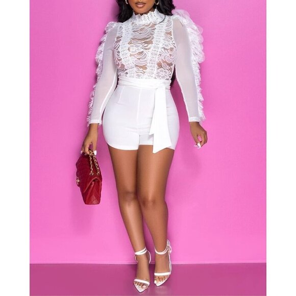 Women White Polyester Bodycon Jumpsuit Ruffle Mesh Rompers Bodysuit - Picture 3 of 5